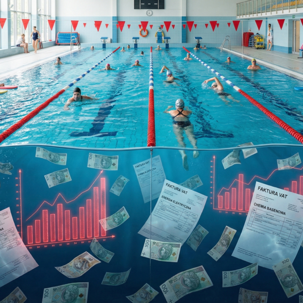 grafika przedstawia basen sportowy z 4 torami, na którym prowadzone są zajęci nauki pływania, w dolnej części graficzne symbole obrazujące koszty utrzymania obiektu banknoty, faktury, liczniki energii